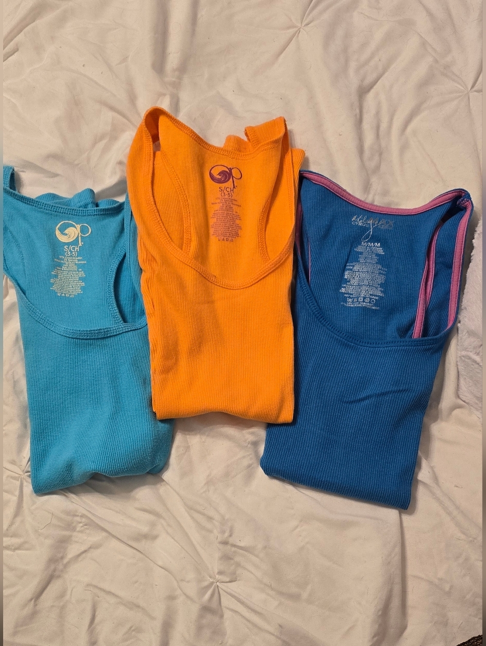 3 Pack Ribbed Tank Tops - Aqua, Orange, Royal Blue. 2 Are Size Sm. 1 Size Med.